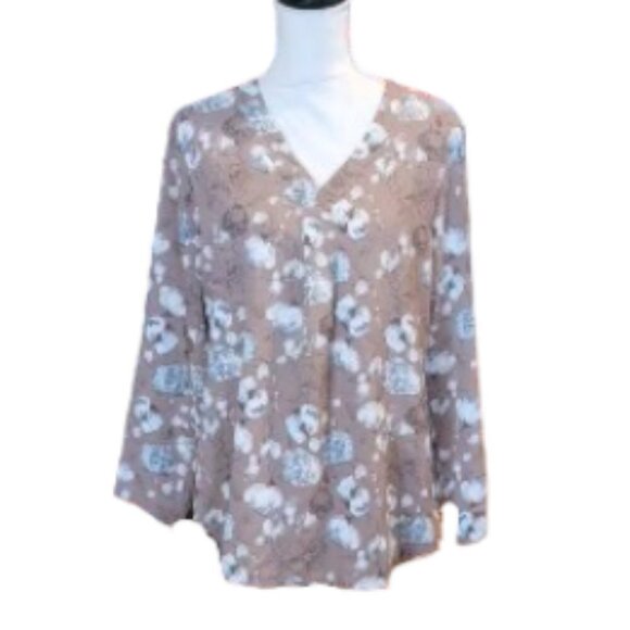 Youtalia Pullover Long Sleeve V Neck Blouse in Beige, White and Blue Size Large - Picture 1 of 4